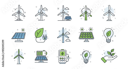 Eco-Friendly Renewable Energy Doodle Icons Set with Wind Turbines and Solar Panels.