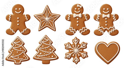 Gingerbread cookies with icing, featuring a gingerbread man, star, and other shapes.