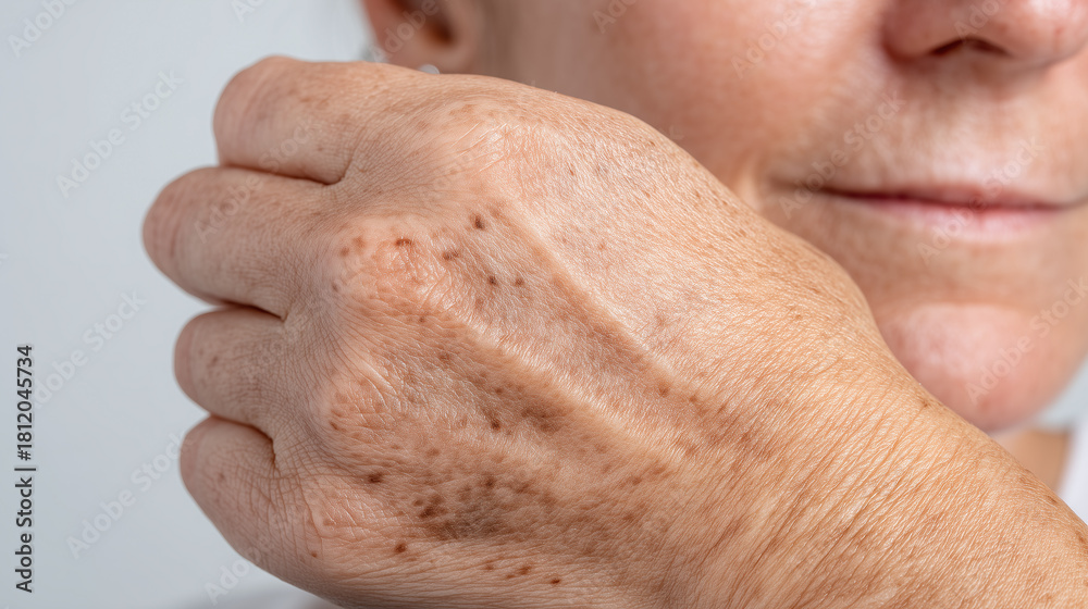 Fototapeta premium Close up of mature hand with visible age spots, mild pigmentation, and wrinkles, showing natural skin texture and signs of aging, healthy elderly skin, neutral background