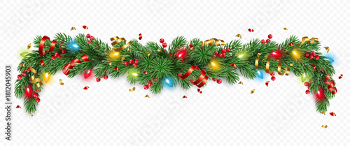 Vector realistic pine tree branches with golden and red confetti, ribbons, berries and lights isolated on a transparent background. Holiday Christmas tree garland for winter decoration banner, poster,