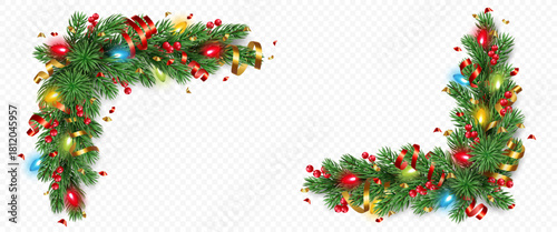 Vector realistic pine tree branches with golden and red confetti, ribbons, berries and lights isolated on a transparent background. Holiday Christmas tree garland for winter decoration banner, poster,