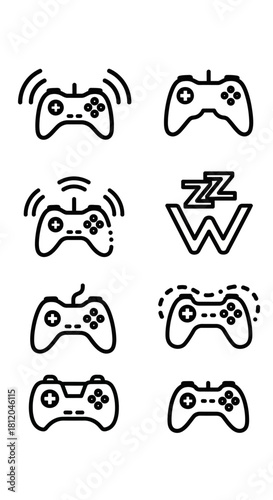 Eight black outline video game controller icons, showing wireless, wired, and sleeping states, minimalist style.