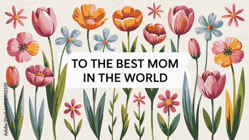 Spring tulip garden with pink flowers and green leaves vector illustration