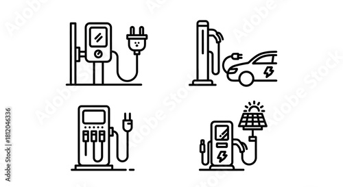 Electric Vehicle Charging Stations - Outline Icons Representing EV Charging Infrastructure.
