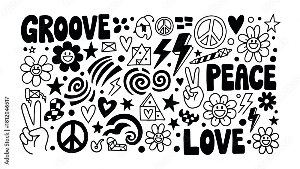 Obraz premium Peace, Love, and Groove: An eye-catching doodle art featuring symbols of peace, love, and the groove of life, rendered in bold lines, evoking a sense of unity and free expression.