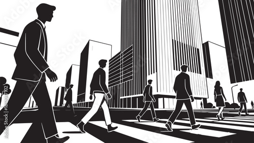 Black and white illustration of business professionals in silhouette walking across a crosswalk in a modern city with tall buildings.