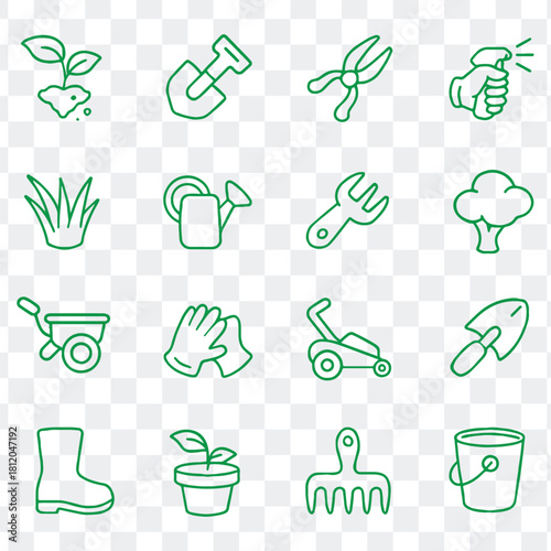 Green outline gardening tools supplies and essentials vector icons set illustration