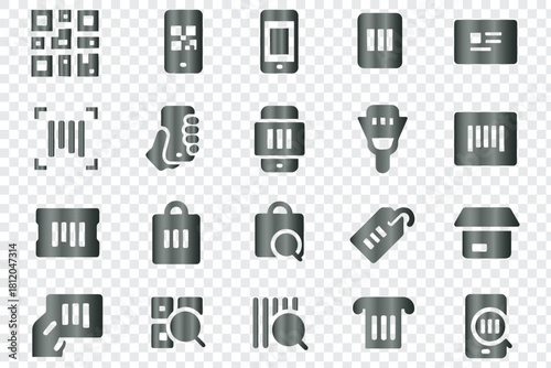 Barcode QR code scanning shopping retail delivery inventory vector icons set illustration collection