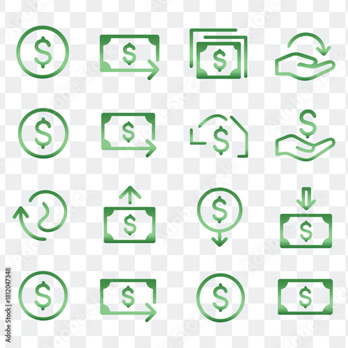 Green gradient money finance currency dollar banking payment vector icons set illustration