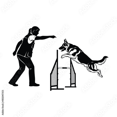 Silhouette of Woman Training German Shepherd Dog to Jump dog training agility