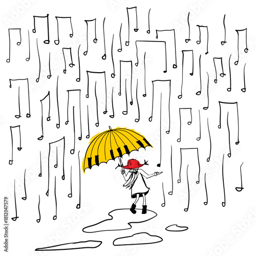 Girl with Umbrella Under Musical Rain vector