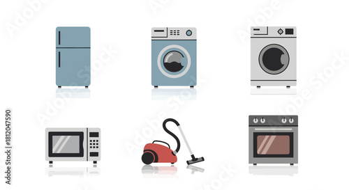 Flat design household appliances icons set - refrigerator, washing machine, microwave, vacuum cleaner, oven.
