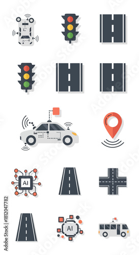 Flat design smart city and autonomous driving technology icon set with AI, traffic, and navigation symbols.