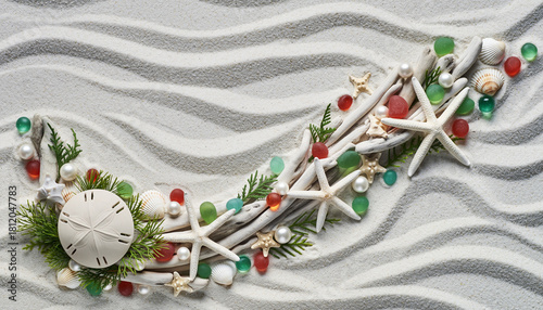 Festive Coastal Christmas Border with Driftwood and Starfish on Sand