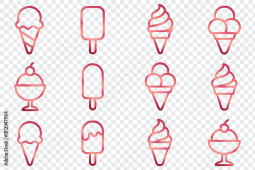 Pink gradient ice cream dessert food snack outline vector icons set collection variety