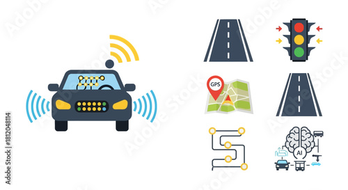 Futuristic Autonomous Vehicle with Advanced Sensor Technology and Navigation Icons.