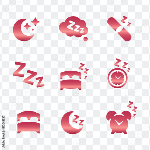 Red gradient sleep night rest bedtime outline icons set vector illustration design