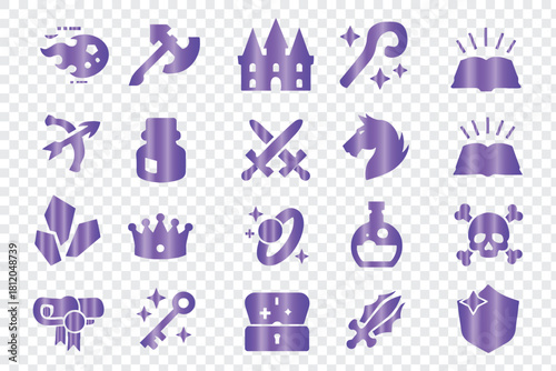 Purple fantasy magic game role playing filled vector icons set illustration collection