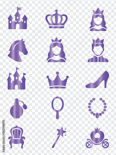 Purple princess royal icons set vector illustration design elements collection