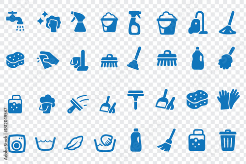 Blue cleaning services supplies tools household outline vector icons set illustration