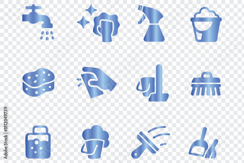 Blue cleaning services supplies tools household outline vector icons set illustration