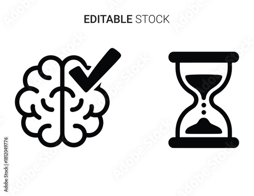 Brain with checkmark and hourglass icons for efficient thinking and validated time use