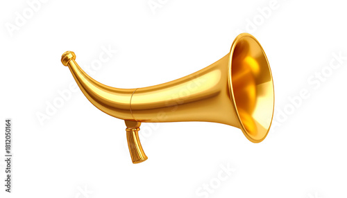 A shiny, golden, vintage-style megaphone isolated against a clean white background.