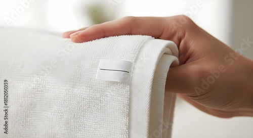 Hand holding a clean white towel with a tag