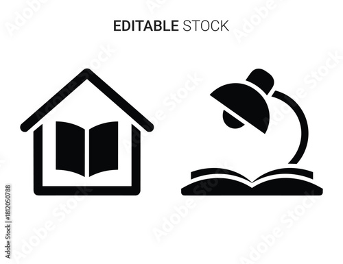 Home study and education icons: book inside a house and a desk lamp on an open book