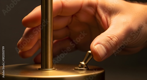 Turning on a brass lamp closeup lifestyle concept