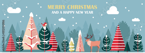 Merry Christmas and a happy new year winter scene with forest, trees, snow and reindeer
