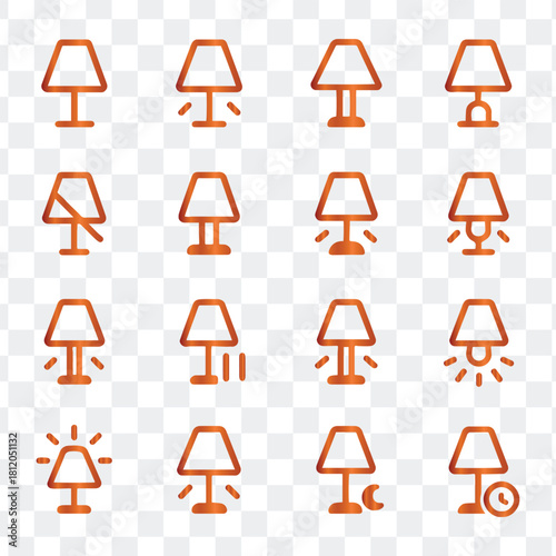 Orange gradient table lamps lighting household outline icons set vector illustration collection