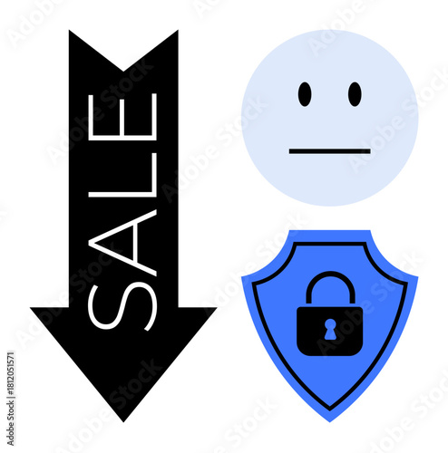 Black arrow with sale pointing downward, blue shield with lock, neutral face icon. Ideal for e-commerce loss, cyber security, privacy, trust, consumer behavior, market decline simple flat metaphor