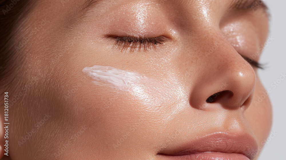 Fototapeta premium Smooth skin closed eye cream texture healthy cheek glowing complexion natural beauty macro shot skincare hydration freshness relaxation