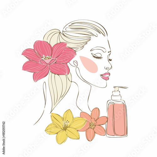 Feminine Line Art Profile with Tropical Flower and Skincare Products