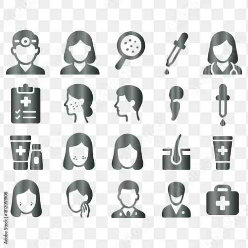 Grey gradient dermatology skin care medical treatment vector icons set illustration