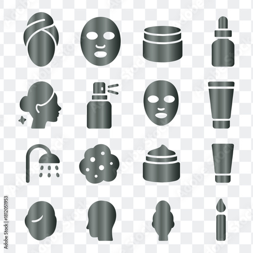 Grey gradient spa beauty facial skincare outline icons set vector illustration