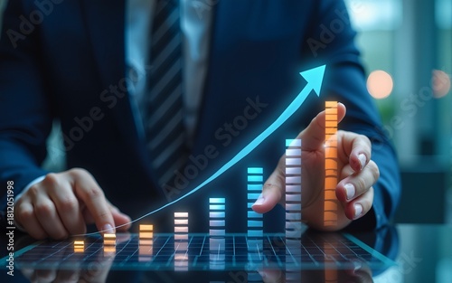 Businessman plan graph growth increase of chart positive indicators in his business. High quality