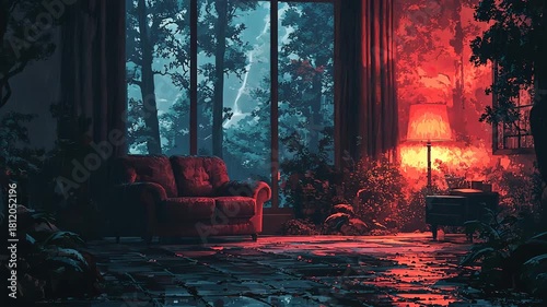 abstract cozy living room rainy atmospheric for vtuber, streaming, wallpaper video