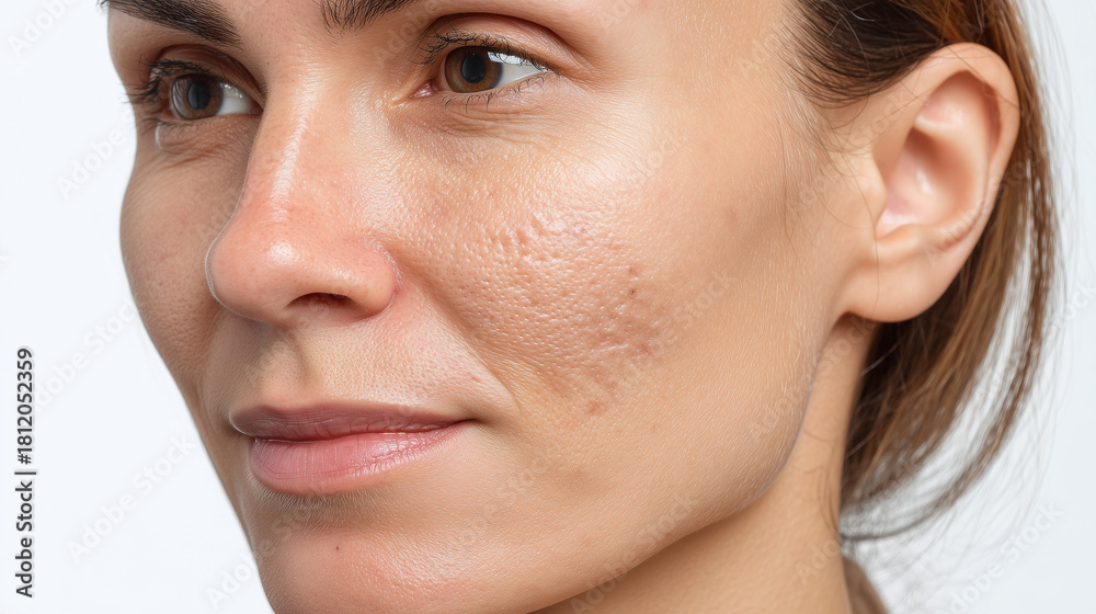Obraz premium Close up portrait of woman with light skin showing subtle acne scars and uneven skin texture on cheek, healthy complexion, natural look, calm expression, studio lighting