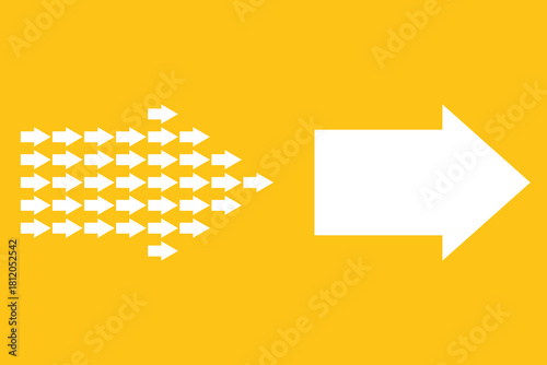Photography A large white arrow leads a large group of small arrow-shaped arrows on a yellow background