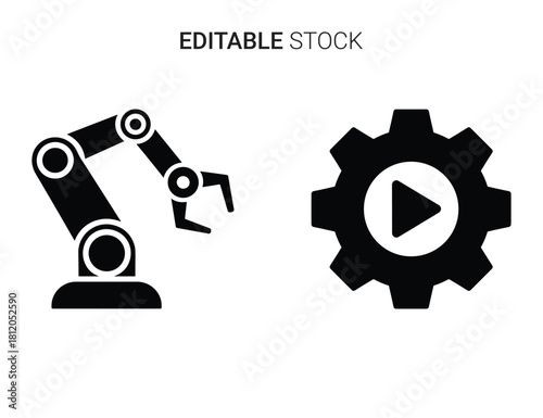 Automation robotic arm and gear with play button icon, industrial technology concept.