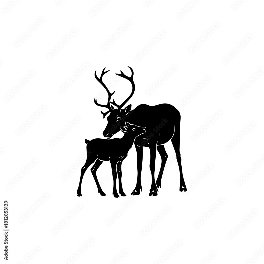 Fototapeta premium A baby reindeer standing next to a mother reindeer