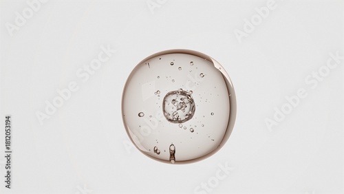 3D Transparent Cell fill with Air Bubbles and Orbiting Spheres on Clear White Background