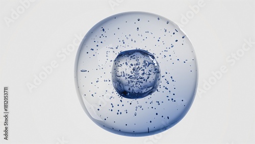 3D Transparent Cell fill with Air Bubbles and Orbiting Spheres on Clear White Background