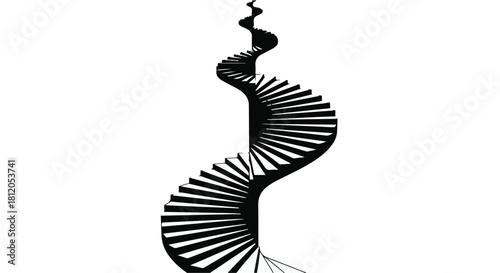 Elegant black spiral staircase ascends into abstract space