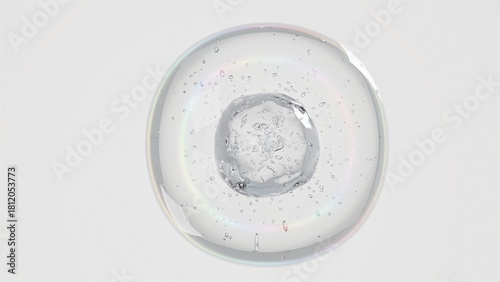 3D Iridescent effect on Transparent Cell,  Fill with Air Bubbles and Orbiting Spheres against Clear White Background