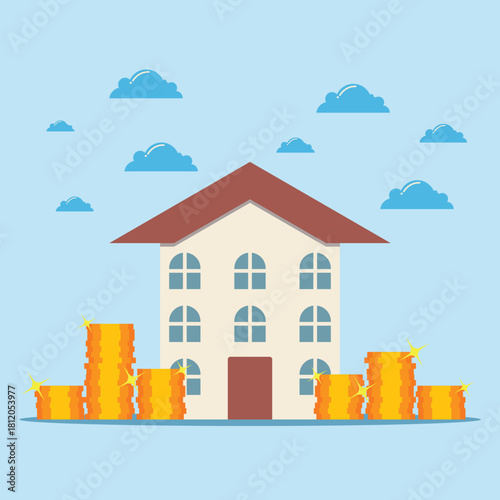 Real estate investment concept and golden coins, Concept saving. coin and house. Vector 