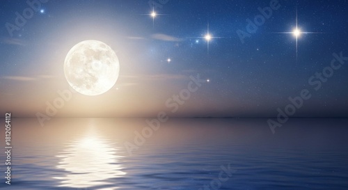 A serene night sky with a full moon and stars reflecting on the calm ocean.