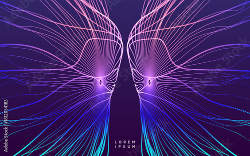 Two symmetrical dotted objects. Grid. Electric or magnetic fields. Energy flows of blue lines on a black background. Illustration for a flyer, poster, cover, or brochure.